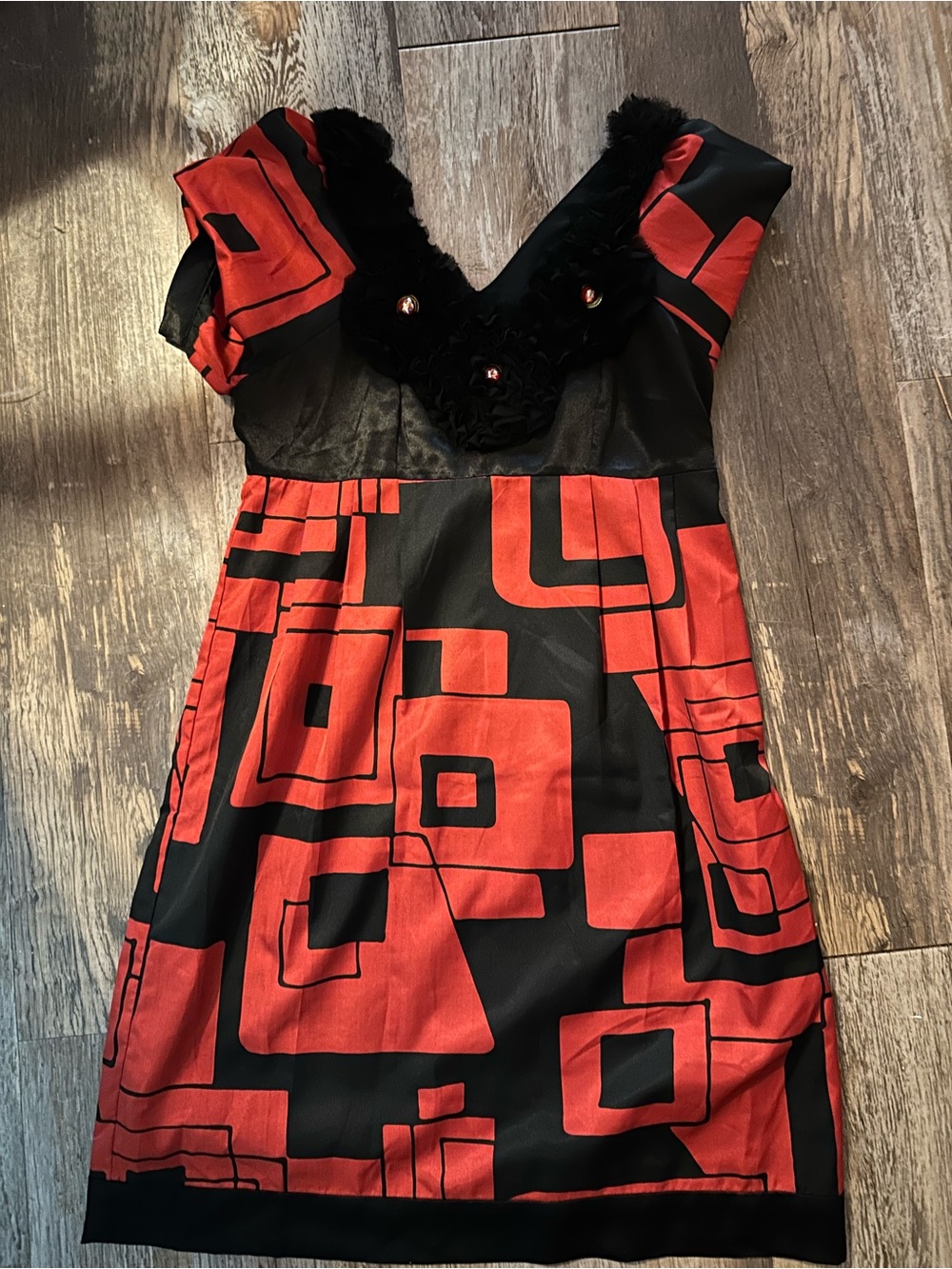 Dolce & Gabbana Black & Red Geometric Cocktail Dress with Fur Trim
